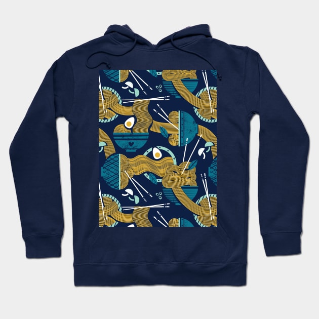 Noodles connection // pattern // midnight blue background teal and aqua bowls yellow pasta Hoodie by SelmaCardoso